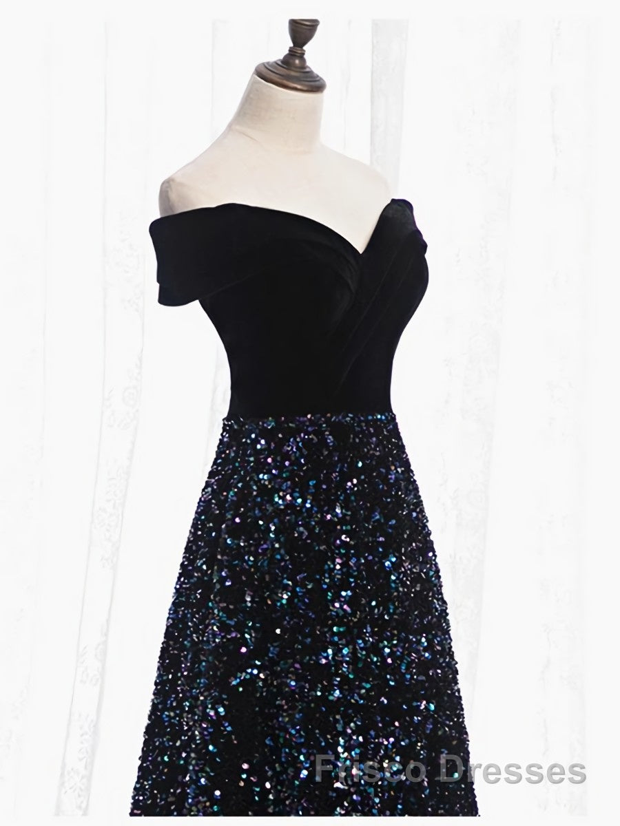 Shiny Off the Shoulder Black Formal Prom Dresses with Corset Back, Shiny Black Long Formal Evening Dresses