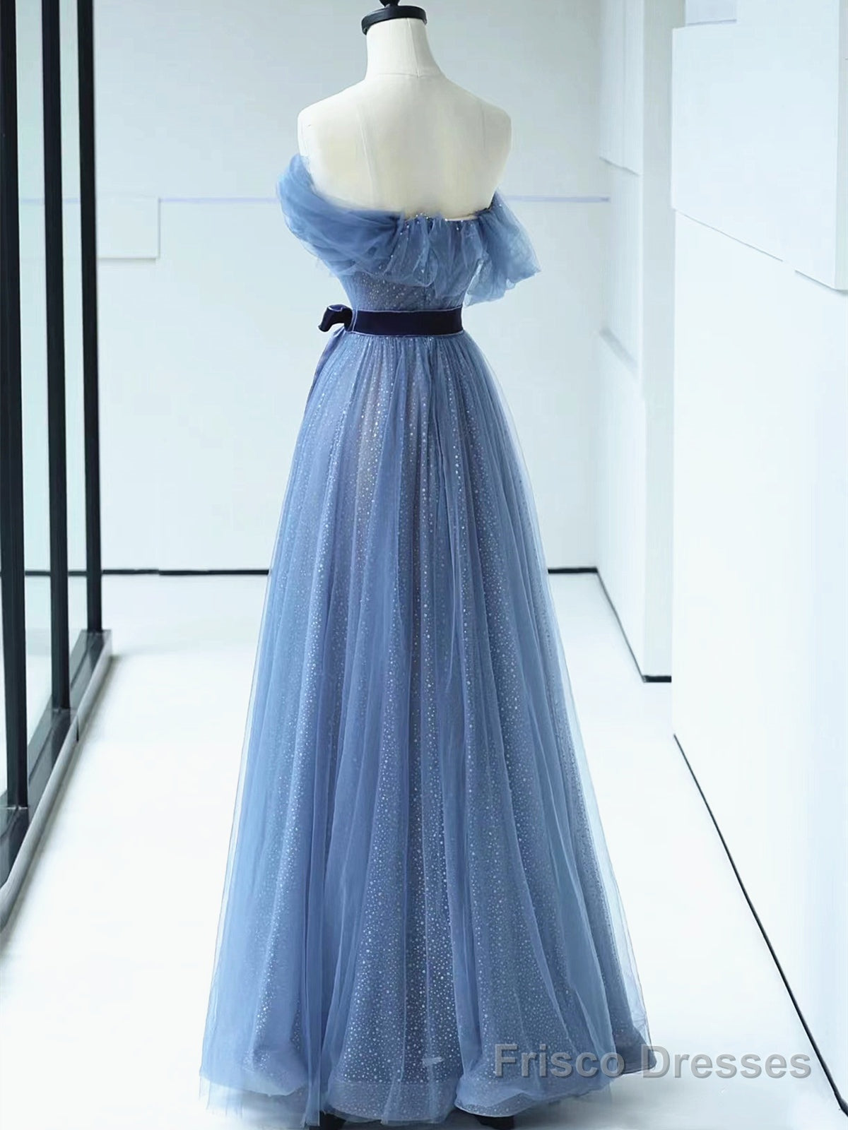 Shiny Off the Shoulder Blue Tulle Prom Dresses, Blue Long Formal Evening Dresses Secondary image