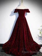 Shiny Off The Shoulder Burgundy Long Formal Prom Dress