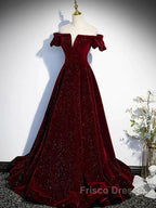 Shiny Off The Shoulder Burgundy Long Formal Prom Dress, Wine Red Long Formal Evening Dress