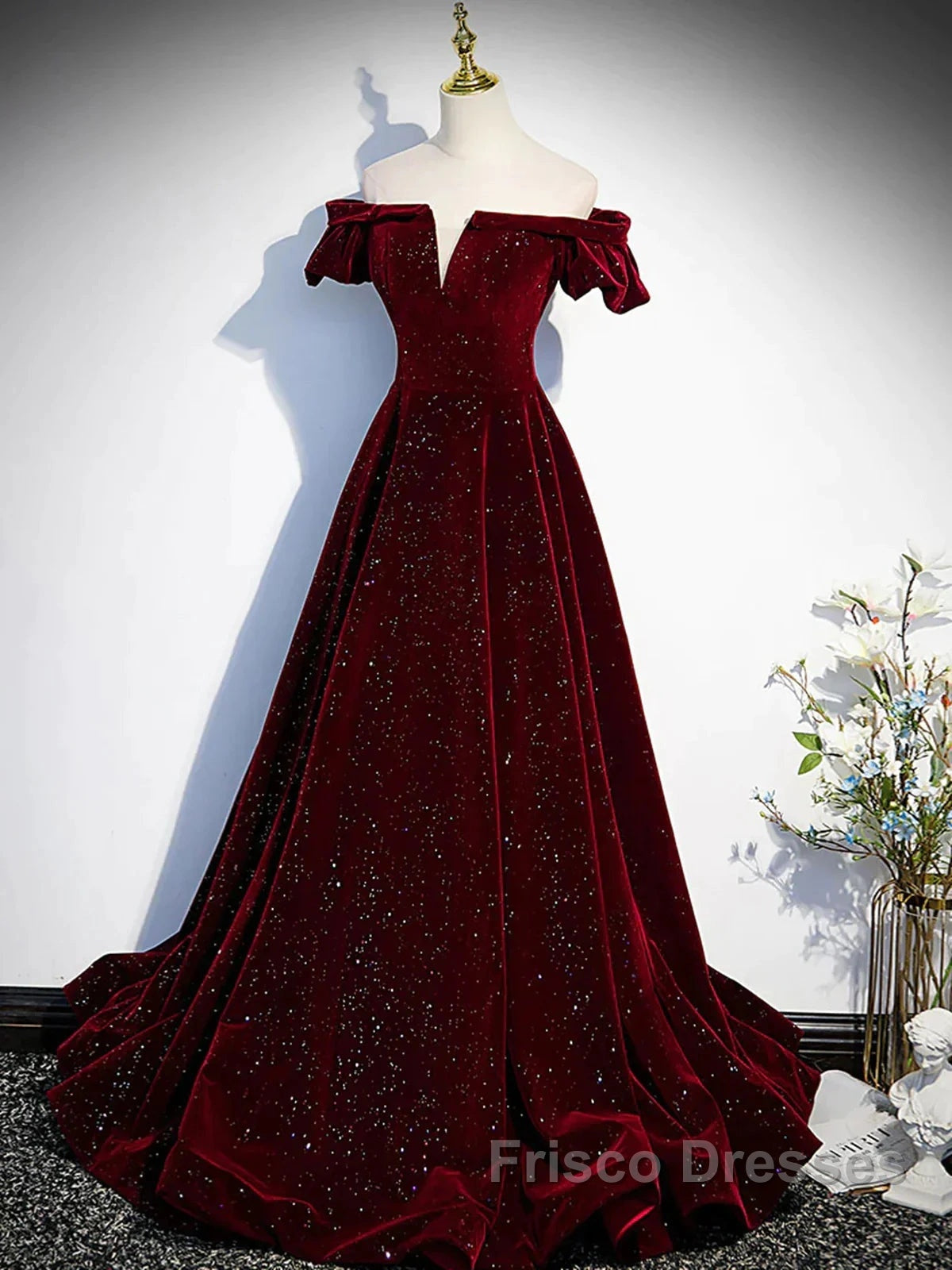 Shiny Off The Shoulder Burgundy Long Formal Prom Dress, Wine Red Long Formal Evening Dress
