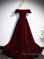 Shiny Off The Shoulder Burgundy Long Formal Prom Dress, Wine Red Long Formal Evening Dress