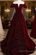 Shiny Off The Shoulder Burgundy Long Formal Prom Dress