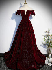 Shiny Off The Shoulder Burgundy Long Prom Dresses