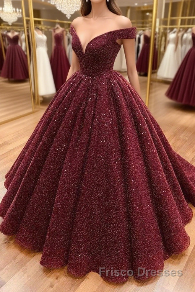 Shiny Off the Shoulder Burgundy Formal Prom Dresses, Dark Wine Red Off Shoulder Long Formal Evening Dresses
