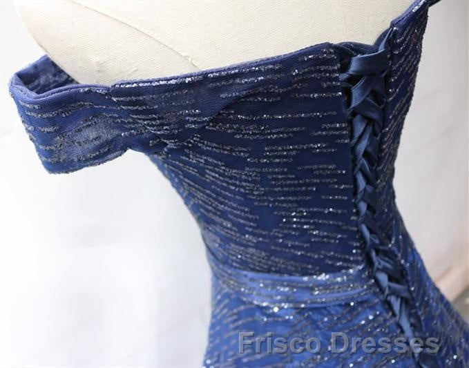 Shiny Off the Shoulder Navy Blue Long Formal Prom Dresses, Off Shoulder Blue Formal Evening Dresses