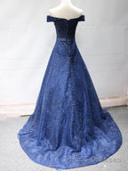 Shiny Off the Shoulder Navy Blue Long Formal Prom Dresses, Off Shoulder Blue Formal Evening Dresses
