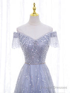 Shiny Off the Shoulder Silver Gray Long Prom Dresses, Silver Gray Long Formal Evening Dresses