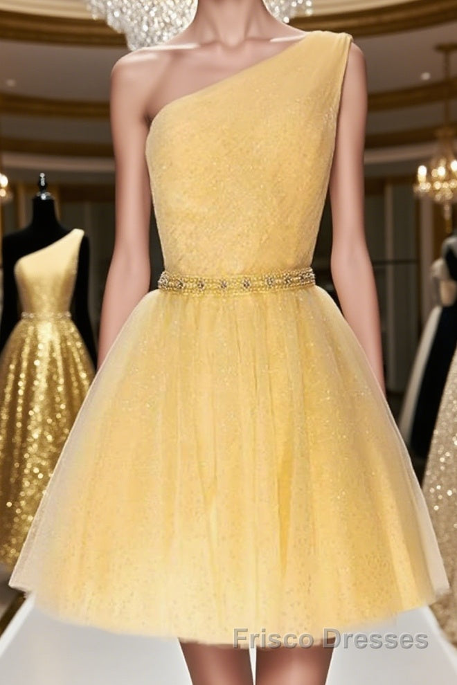 Shiny One Shoulder Yellow Short Formal Prom Homecoming Dresses with Belt, Short One Shoulder Yellow Formal Evening Dresses Main image