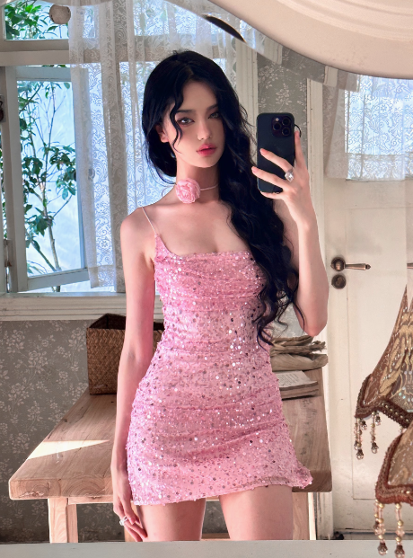 Shiny Pink Sequined Suspender Tube Top Hip 17Th Birthday Homecoming Dress Main image