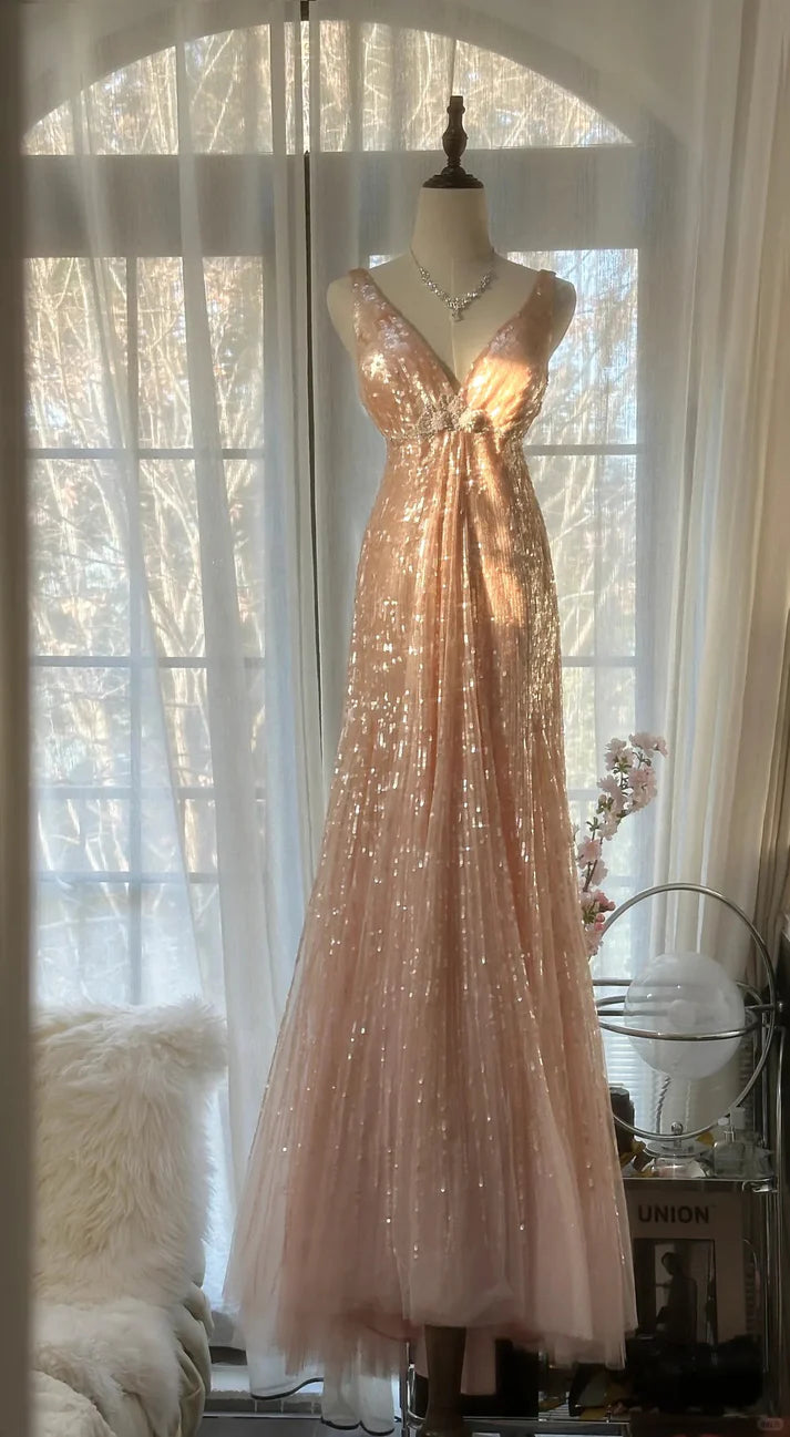 Shiny Princess Pink V-Neck Sequined Backless Mermaid Long Prom Dress Secondary image
