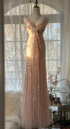 Shiny Princess Pink V-Neck Sequined Backless Mermaid Long Prom Dress
