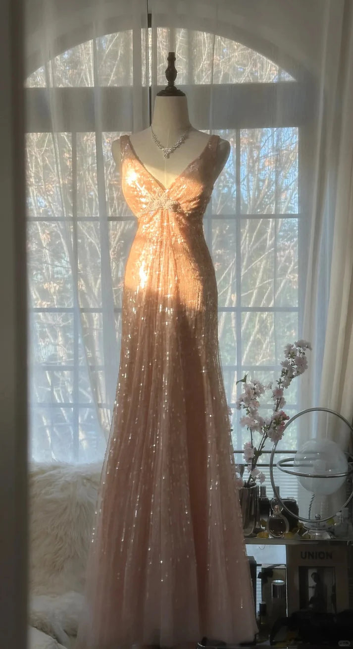 Shiny Princess Pink V-Neck Sequined Backless Mermaid Long Prom Dress