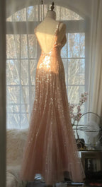 Shiny Princess Pink V-Neck Sequined Backless Mermaid Long Prom Dress