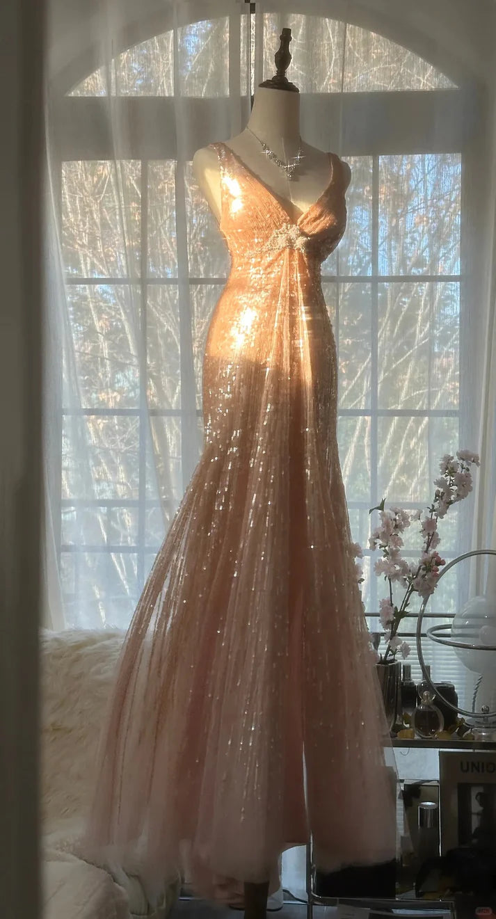Shiny Princess Pink V-Neck Sequined Backless Mermaid Long Prom Dress Main image