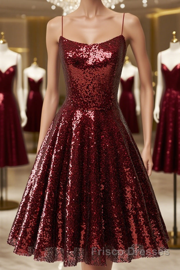 Shiny Sequins Backless Burgundy Short Formal Prom Dresses, Backless Burgundy Homecoming Dresses, Burgundy Formal Evening Dresses Main image