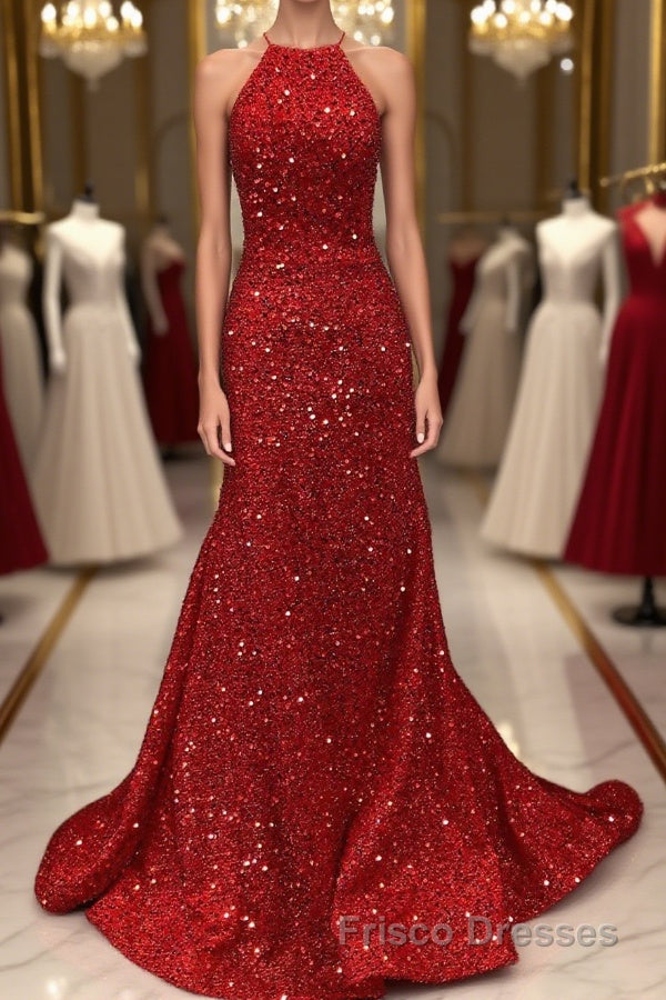 Shiny Sequins Backless Mermaid Red Long Formal Prom Dresses, Mermaid Red Formal Dresses, Backless Red Evening Dresses Main image