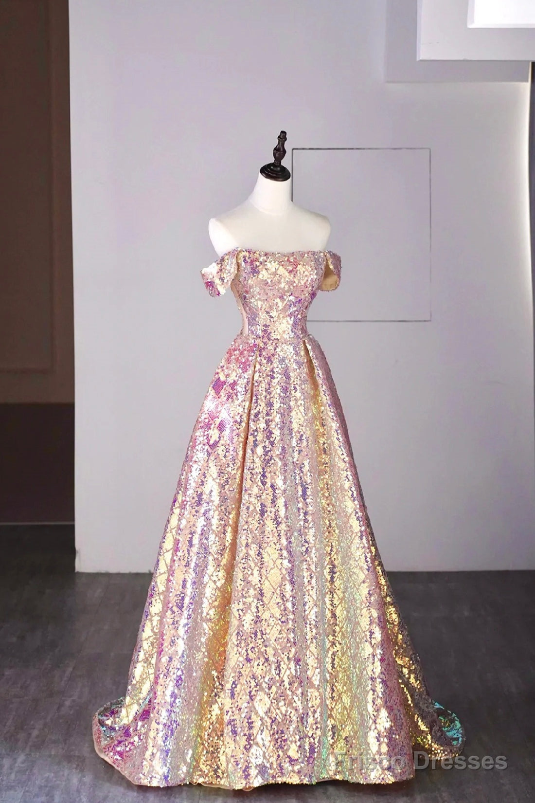 Shiny Sequins Floor Length Prom Dress, Off The Shoulder Evening Party Dress Secondary image