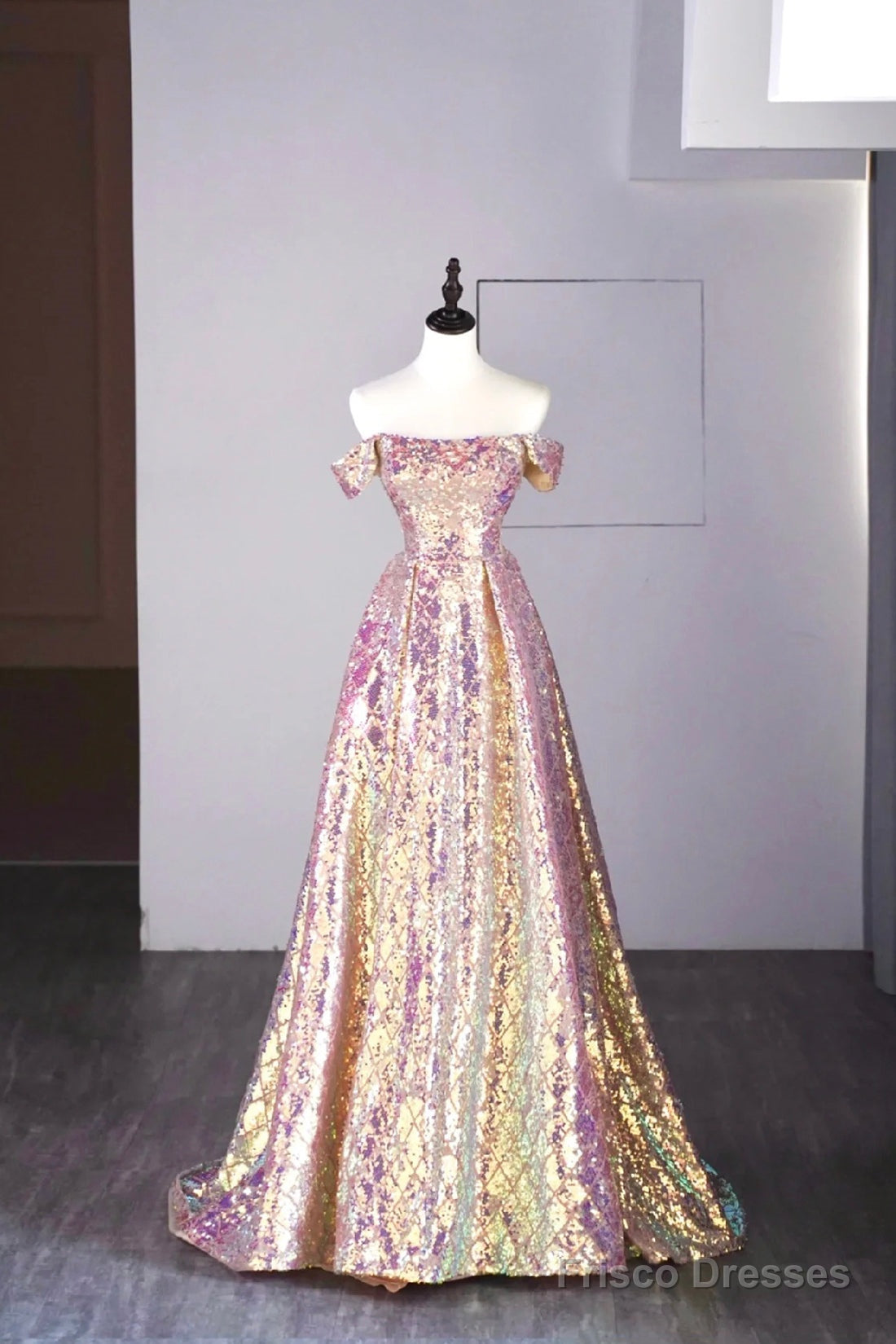 Shiny Sequins Floor Length Prom Dress, Off The Shoulder Evening Party Dress Main image