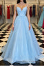 Shiny Sequins V Neck Blue Long Formal Prom Dresses, Sparkly Blue Formal Graduation Evening Dresses