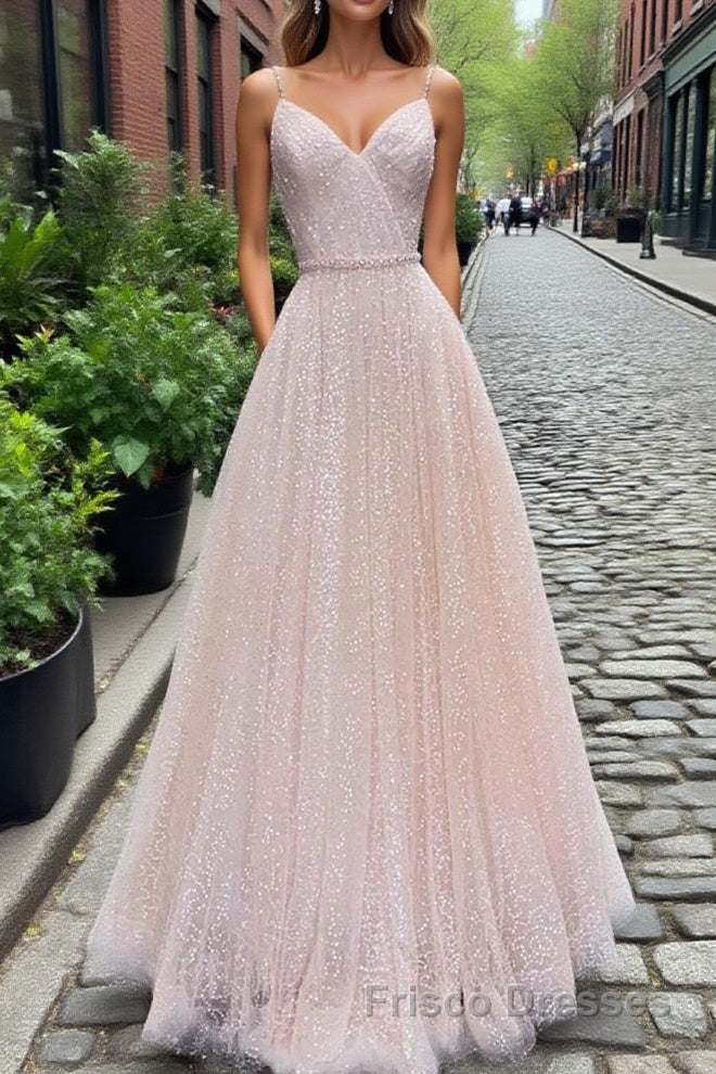 Shiny Sequins V Neck Pink Long Formal Prom Dresses, V Neck Pink Formal Graduation Evening Dresses Main image