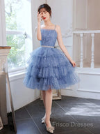 Shiny Short Puffy Blue Formal Prom Dress A-Line Puffy Homecoming Dress
