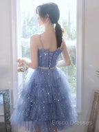 Shiny Short Puffy Blue Formal Prom Dress A-Line Puffy Homecoming Dress