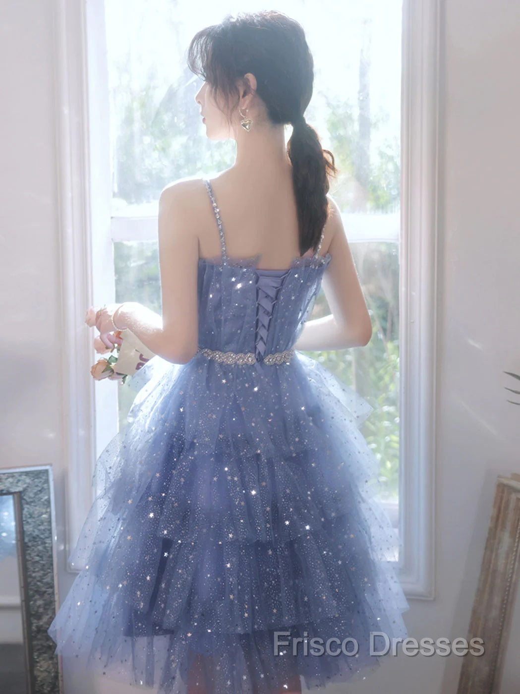 Shiny Short Puffy Blue Formal Prom Dress A-Line Puffy Homecoming Dress