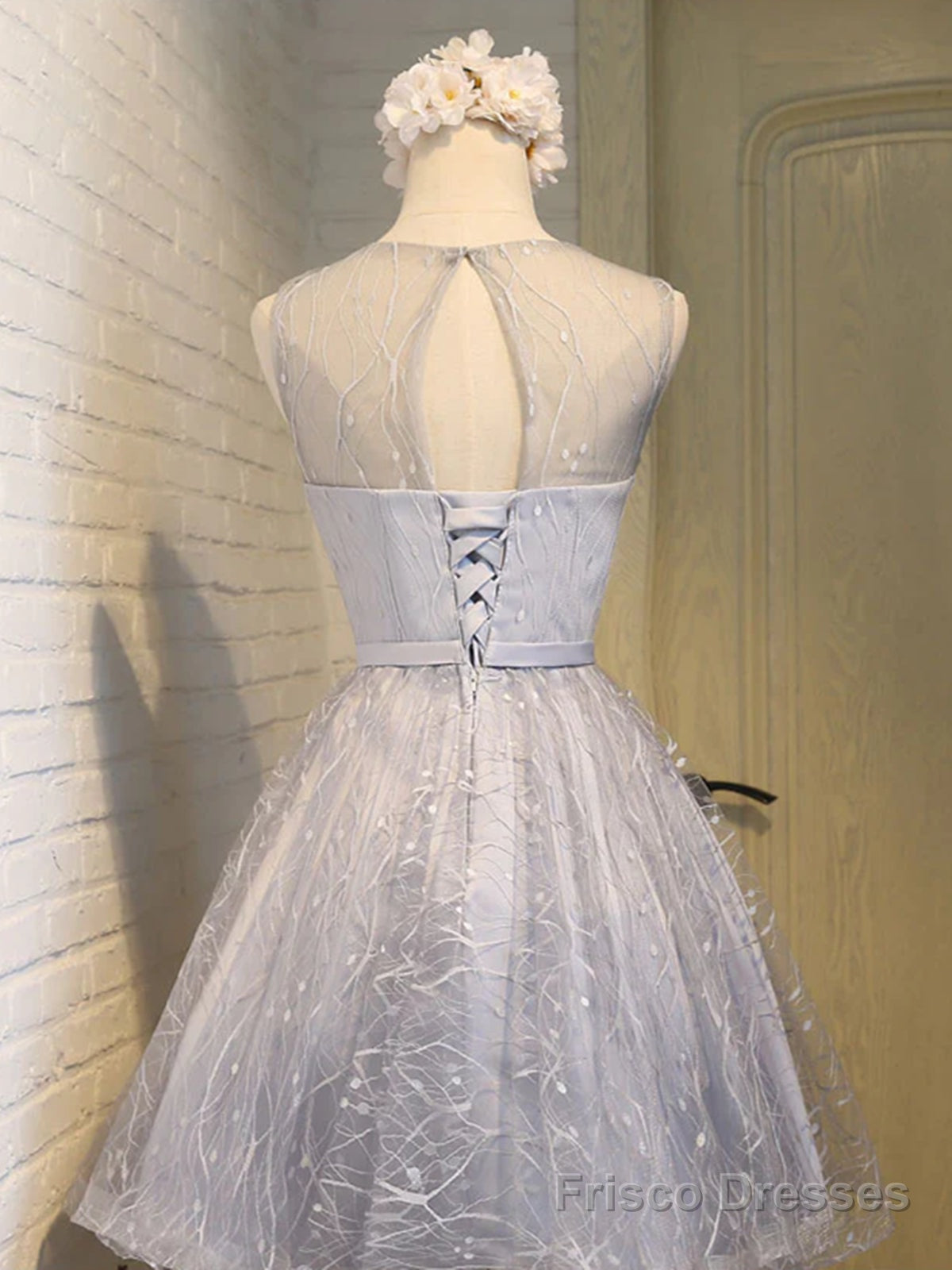 Shiny Silver Gray Short Lace Prom Dresses, Silver Gray Lace Short Homecoming Graduation Dresses Secondary image