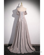 Shiny Silver Simple Long Pleats Prom Dress with Off Shoulder Straps