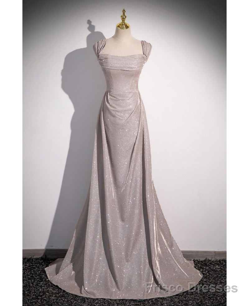 Shiny Silver Simple Long Pleats Prom Dress with Off Shoulder Straps Main image