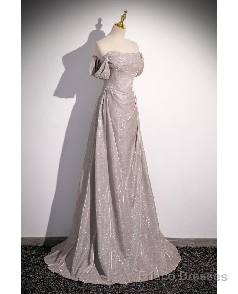 Shiny Silver Simple Long Pleats Prom Dress with Off Shoulder Straps