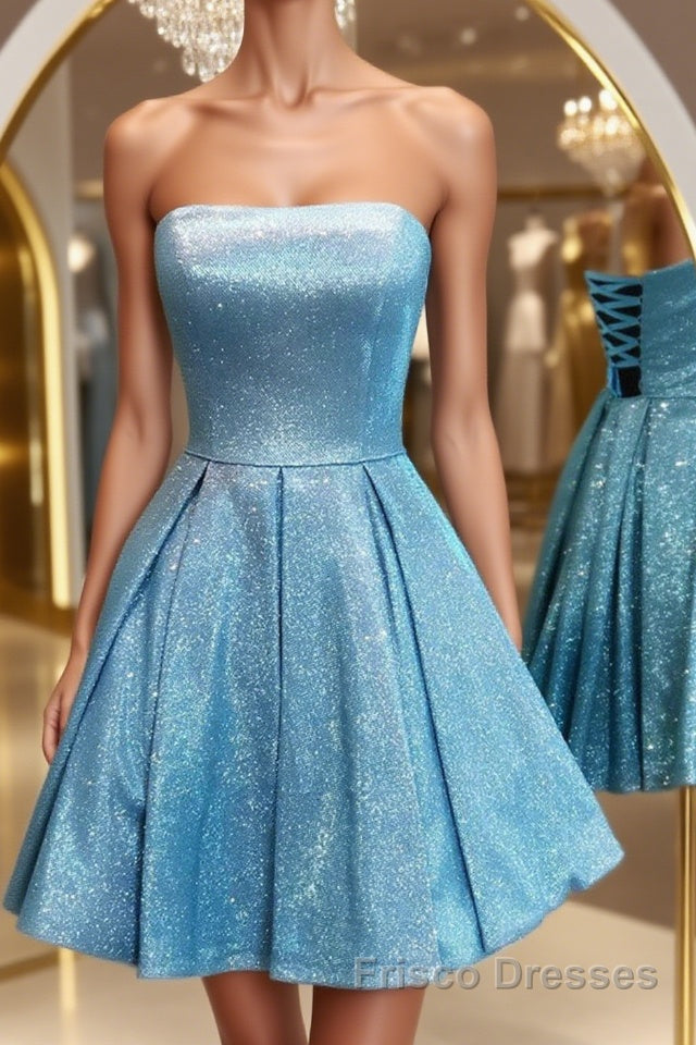 Shiny Strapless Blue Short Formal Prom Dresses, Open Back Blue Homecoming Dresses, Blue Formal Evening Dresses Main image
