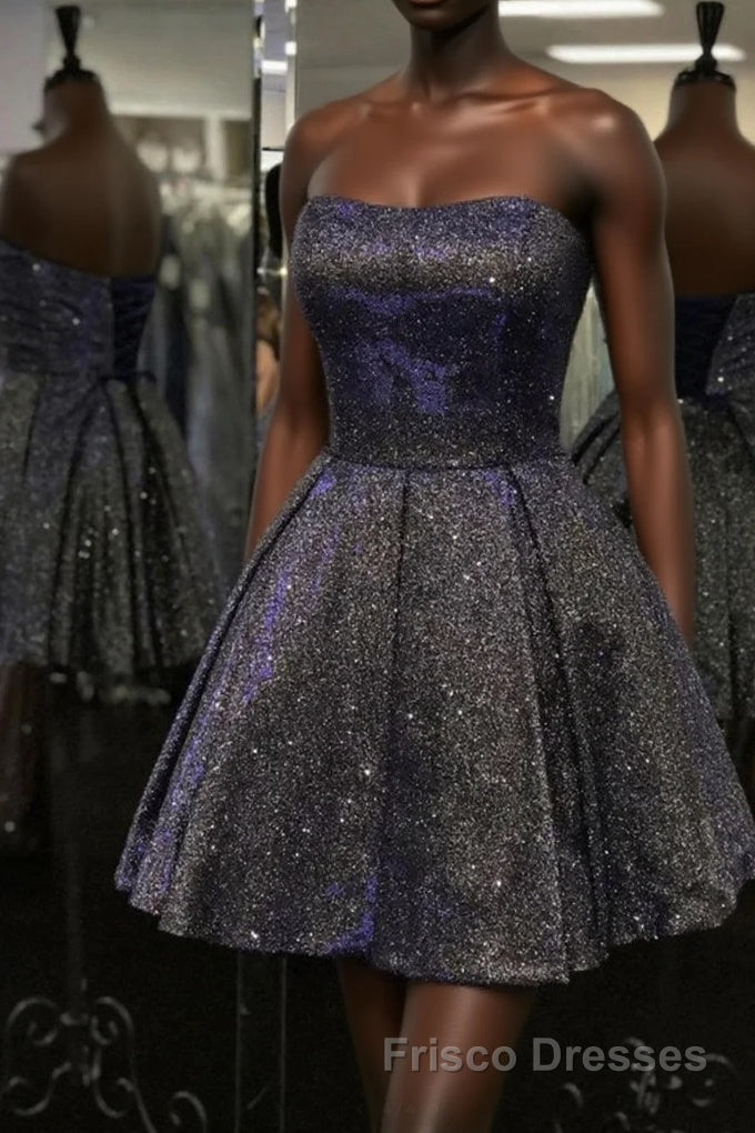 Shiny Strapless Open Back Short Black Formal Prom Dresses, Open Back Black Homecoming Dresses, Black Formal Evening Dresses Main image