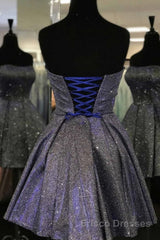Shiny Strapless Open Back Short Black Formal Prom Dresses, Open Back Black Homecoming Dresses, Black Formal Evening Dresses