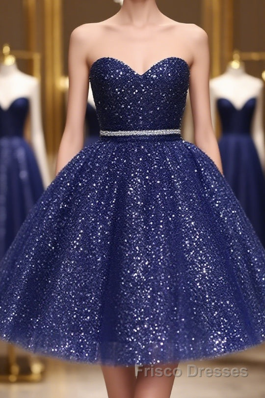 Shiny Strapless Sweetheart Neck Blue Short Formal Prom Homecoming Dresses with Belt, Sparkly Blue Formal Evening Dresses