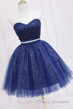 Shiny Strapless Sweetheart Neck Blue Short Formal Prom Homecoming Dresses with Belt, Sparkly Blue Formal Evening Dresses