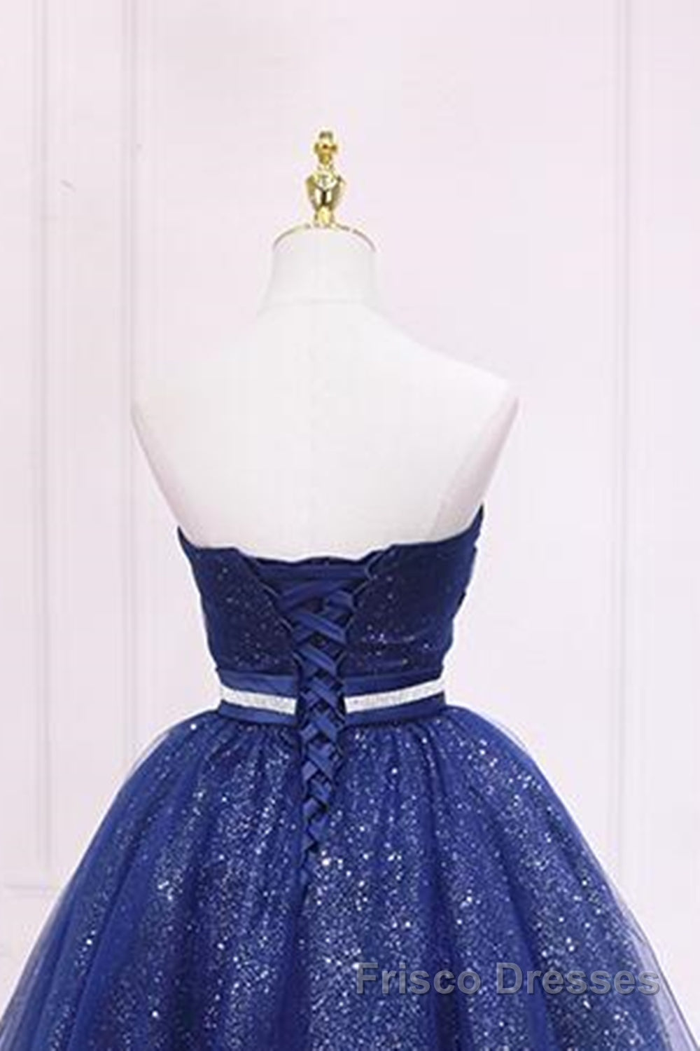 Shiny Strapless Sweetheart Neck Blue Short Formal Prom Homecoming Dresses with Belt, Sparkly Blue Formal Evening Dresses