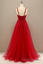 Shiny Sweetheart Neck Red Tulle Beaded Long Formal Prom Dresses, Open Back Red Tulle Formal Graduation Evening Dresses