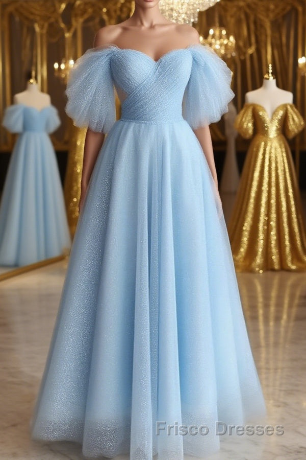 Shiny Tulle Off the Shoulder Tea Length Formal Prom Dresses, Homecoming Dresses, Off Shoulder Formal Graduation Evening Dresses