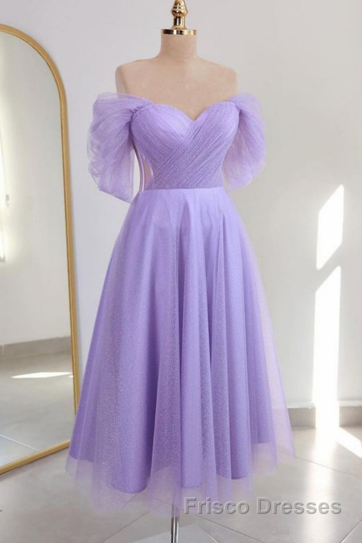 Shiny Tulle Off the Shoulder Tea Length Formal Prom Dresses, Homecoming Dresses, Off Shoulder Formal Graduation Evening Dresses
