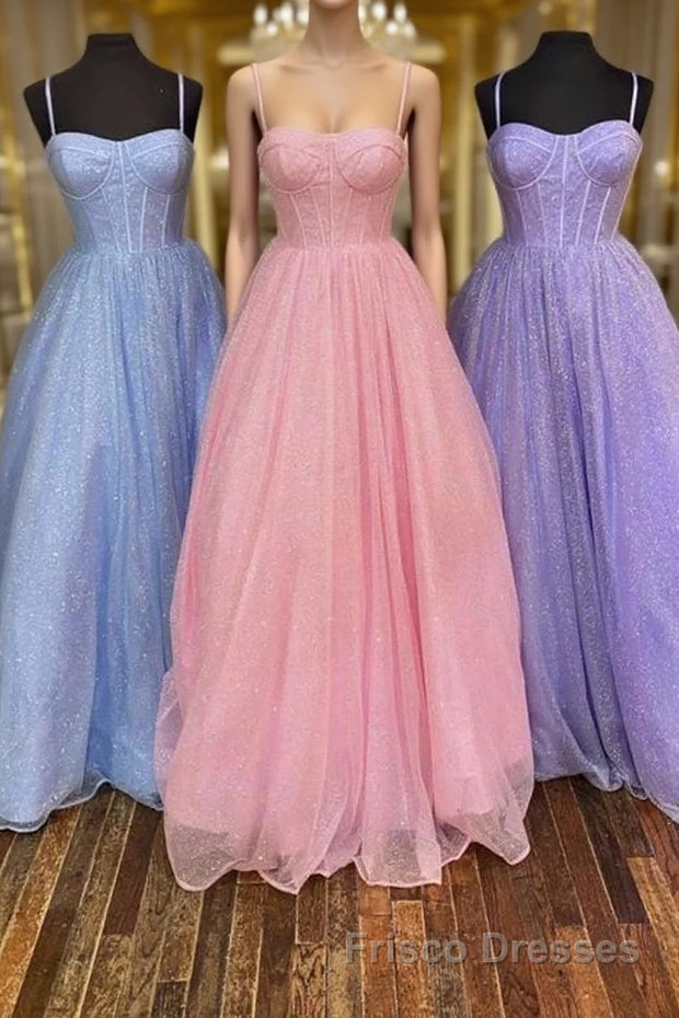 Shiny Tulle Open Back Long Formal Prom Dresses, Long Tulle Formal Graduation Evening Dresses