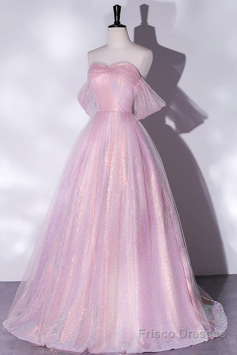 Shiny tulle sequins long pink prom dress A-line evening dress Main image