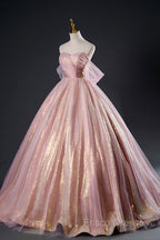 Shiny Tulle Sequins Long Formal Prom Dress, Beautiful Pink Formal Dress Sweet 16 Dress