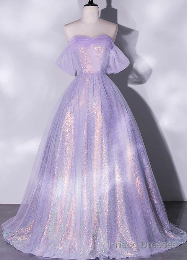 Shiny tulle sequins long purple prom dress A-line evening dress Main image