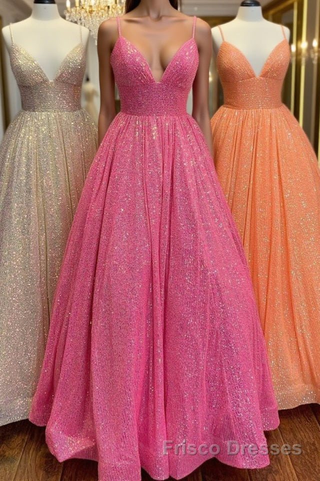 Shiny Tulle V Neck Backless Hot Pink/Orange/Champagne Long Formal Prom Dresses, Backless Hot Pink/Orange/Champagne Formal Graduation Evening Dresses Main image