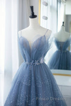 Shiny Tulle V Neck Blue Long Formal Prom Dresses, Blue Tulle Formal Evening Dresses, Blue Ball Gown