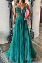Shiny V Neck Backless Beaded Green Tulle Long Formal Prom Dresses, Green Lace Formal Dresses, Beaded Evening Dresses