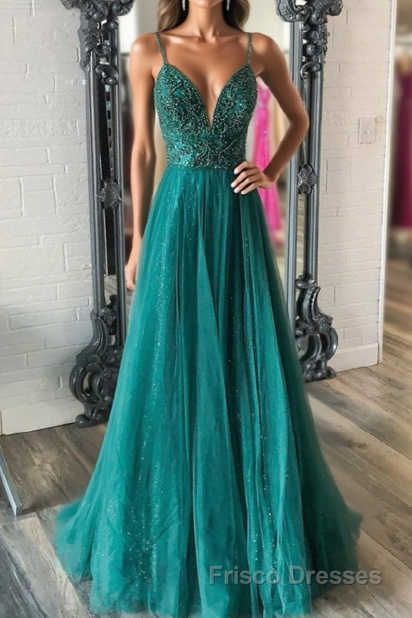 Shiny V Neck Backless Beaded Green Tulle Long Formal Prom Dresses, Green Lace Formal Dresses, Beaded Evening Dresses