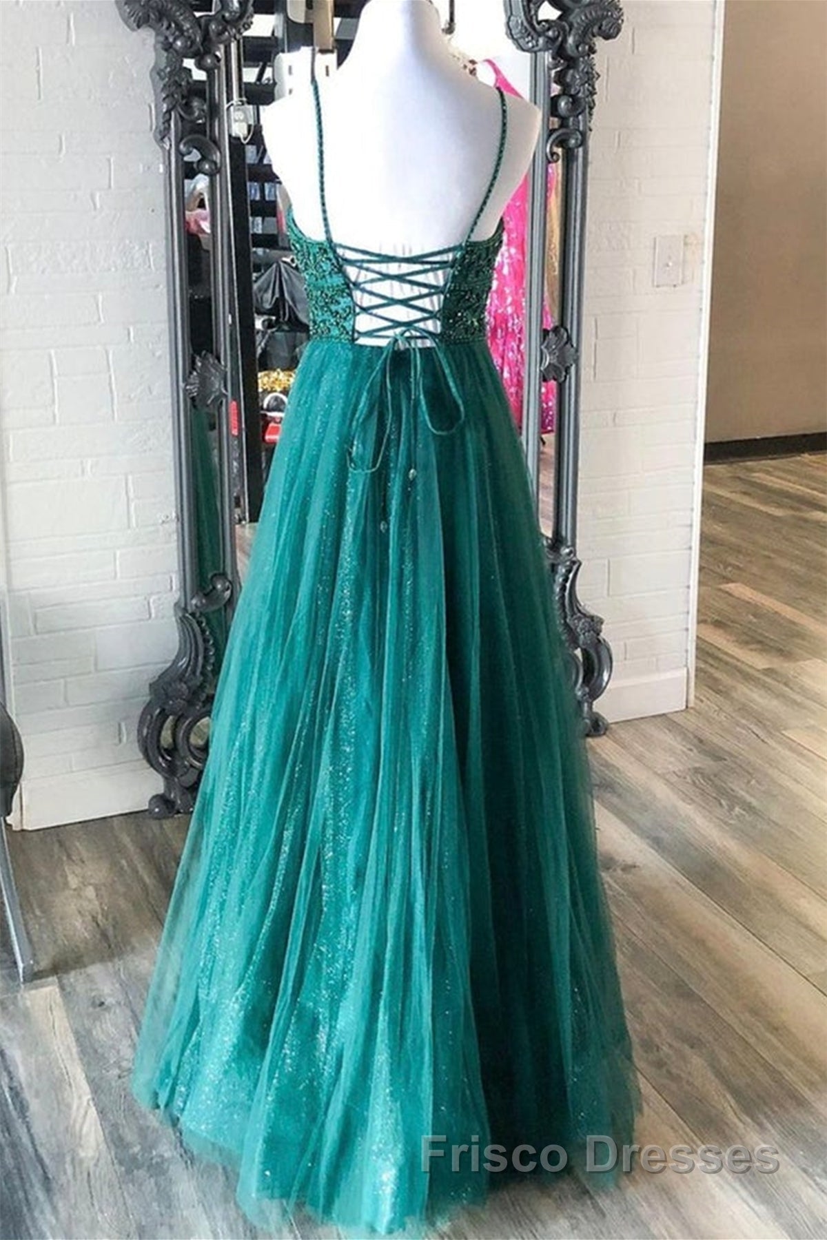 Shiny V Neck Backless Beaded Green Tulle Long Formal Prom Dresses, Green Lace Formal Dresses, Beaded Evening Dresses